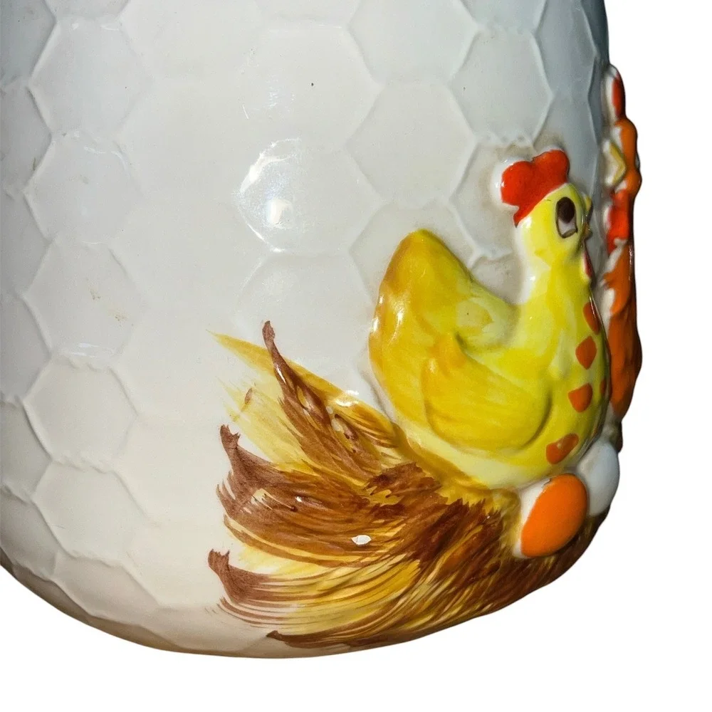Vintage Sears 1976 Ceramic Chicken Nest Cookie Jar Farmhouse White Yellow Orange